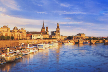 Fototapeta premium Cityscape - view of the Bruhl's Terrace is a historic architectural ensemble in Dresden on the banks of the Elbe, Saxony, Germany