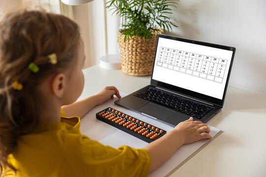 A girl from the back is engaged in mental arithmetic on the abacus online on a laptop, chroma key background. The concept of teaching children to count quickly, Russian mathematics.