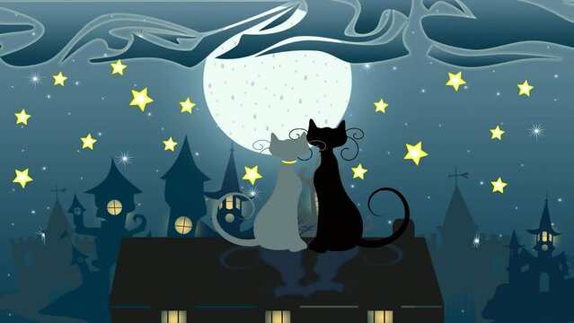 CATS ON THE ROOF, ANIMATION LOOP, LULLABY BACKGROUND. AUTHOR'S ANIMATION