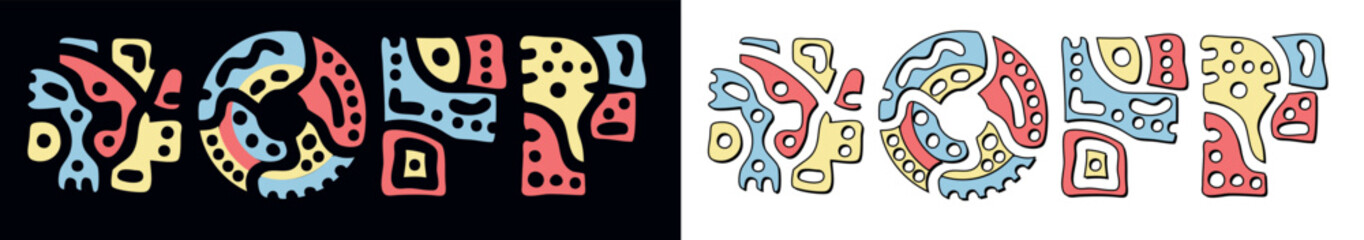 OFF Hashtag. Doodle isolate text. Colored curves decorative doodle letters. Folk artwork style. Hashtag #OFF for Shutting down; Shutdown; print, booklet, banner, flyer