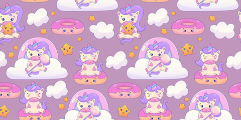 Cute Kawaii Unicorn seamless pattern with rainbow and star. Fairy cute animal children design. Fantasy wallpaper with unicorn and cloud. Cartoon vector illustration