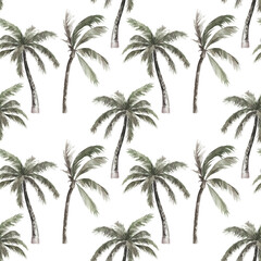 Tropical seamless pattern with  palm trees. Watercolor  print on white background. Summer hand drawn illustration - 598049171
