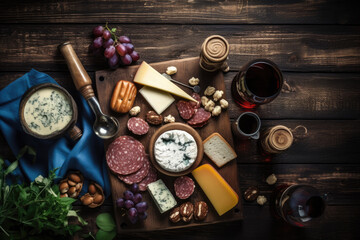 A bottle of wine, cheeses and traditional sausages on a wooden background. Brie cheese, blue cheese, gorgonzola, salami. AI Generative