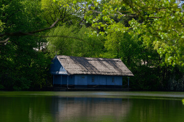 Fototapeta na wymiar blue house on the river