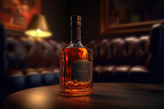 A mouth-watering close-up of bottle of whiskey in a beautiful and modern lounge photorealistic, AI Generative