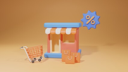 3d render. Shopping store shop exteriors with percent tag, shopping cart. for discount and customer groceries supermarket store. icon sign cartoon and sale online concept. on orange background.