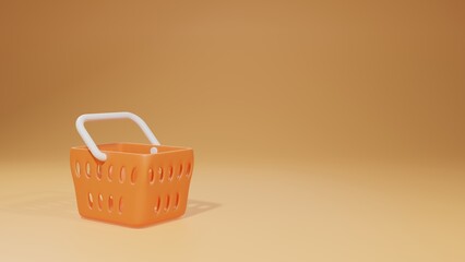 3d render. Shopping basket with orange colour background. for customer buying or selling groceries supermarket store. icon sign realistic cartoon and shopping sale online concept.