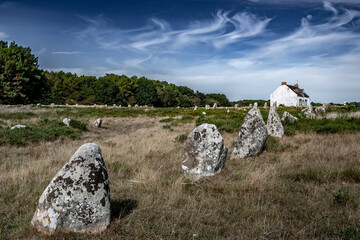Ancient Stone Field Alignements De Menhir Carnac With Neolithic Megaliths And Old Cottage In...