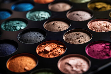 Obraz na płótnie Canvas Closeup shot of eyeshadow, cosmetics, makeup. Professional eyeshadow palette macro shot. Ai generative
