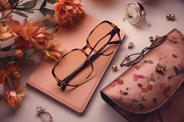 Fashion woman accessories. Stylish hand bag, cosmetics, glasses, flowers and notebook, top view, flat lay, AI generative
