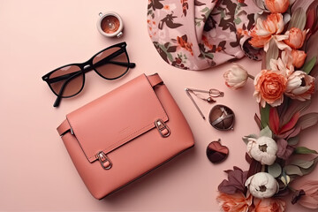 Fashion woman accessories. Stylish hand bag, cosmetics, glasses, flowers and notebook, top view, flat lay, AI generative