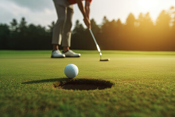 Golf player putting golf ball into hole, AI generative - obrazy, fototapety, plakaty