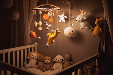 Handmade felt toys above the newborn crib with light garland in the night. Baby crib mobile, first baby eco-friendly toys, AI generative - obrazy, fototapety, plakaty