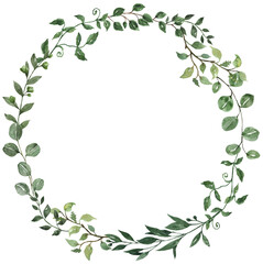 Floral wreath made of green leaves, greenery vine, and eucalyptus foliage. Watercolor botanical wreath. Hand-painted illustration. PNG clipart. - 598050742