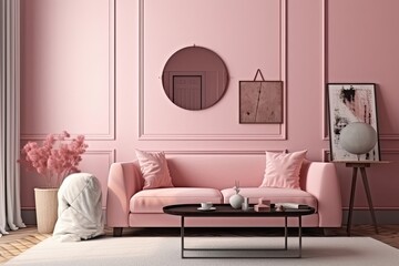 Fototapeta na wymiar Comfortable Modern Living Room with Furniture, Home Decor, and Fireplace - A Chic Pink Interior for Your Apartment or House: Generative AI