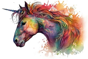 Dreamy Fantasy Art: A Wild Unicorn with a Rainbow-Colored Head Tattoo: Generative AI