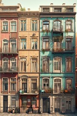 Fototapeta na wymiar Highly Colorful Vintage Apartment Facades - An Urban 3D Illustration: Generative AI