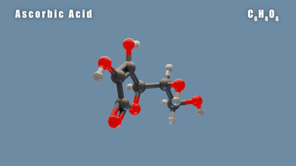 Ascorbic Acid molecule of C6H8O6 3D Conformer render. Food additive E300