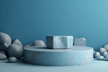 A beautiful blue background for presentations with a podium and masonry round stones in a soothing color scheme. Created using generative AI.