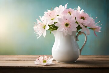 cherry flowers in white jug on old wooden table with copy space