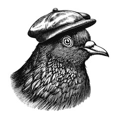 pigeon wearing a cap vintage sketch