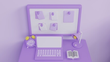 Interior of living room in purple color. closeup desk workspace. with furnitures and room accessories ,computer laptop ,book and reminder board. for presentation. 3d render cartoon with copy space.