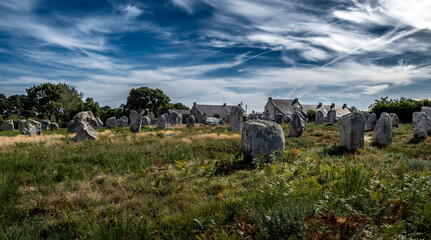 Ancient Stone Field Alignements De Menhir Carnac With Neolithic Megaliths And Old Cottage In...