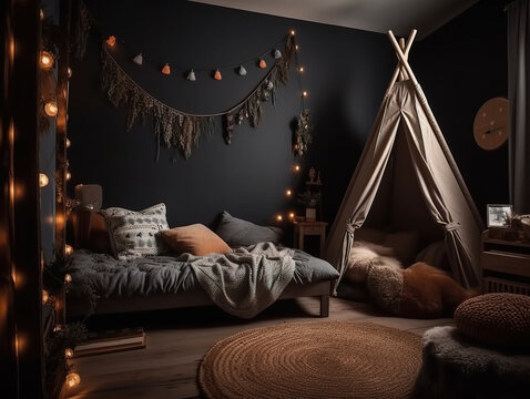 Kids bedroom in dark colors. Cozy kids room interior, scandinavian nordic design with light garlands and soft pillows, tent canopy bed. Children room in evening with lights on. Generative Ai