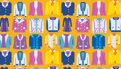 A pattern of different jackets on a yellow background.
