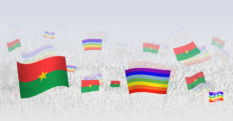 People waving Peace flags and flags of Burkina Faso. Illustration of throng celebrating or protesting with flag of Burkina Faso and the peace flag.