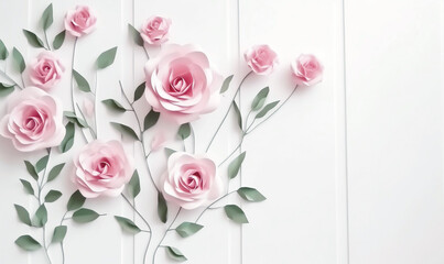Fresh bunch of paper-cut style pink roses with copy space. White background.Mother's day concept. AI Generation
