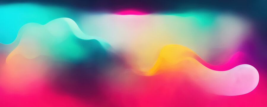 Color gradient. Neon glow. Light wave. Blur bright pink cyan blue yellow flare curves smooth texture art illustration abstract background.