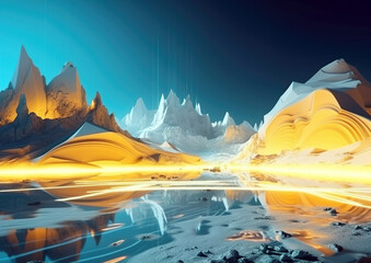 Fractal landscape panorama in 3D design. Abstract virtual reality cyberspace panorama landscape with unreal mountains. Additional wallpaper for virtual games. AI generated illustration