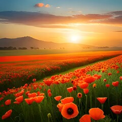 Fototapeta na wymiar Meadow with lots of white and pink spring daisy flowers in sunny day ultra realastic,Image of huge poppy field during sunset realastic