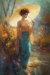 Fototapeta na wymiar A young woman with an umbrella, the illustration is made in the style of a watercolor drawing in the style of impressionism and is completely generated by Ai