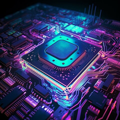 Motherboard with processor in neon light, the image is completely generated by Ai