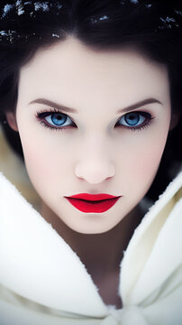 Schneewittchen Frau mit blassen Make up und roten Lippen Nahaufnahme, ai generativ