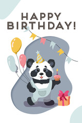 Happy birthday card with a funny panda. Kid postcard, poster, cover, greeting card.