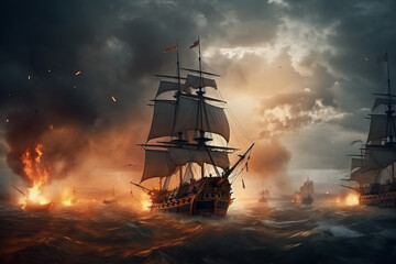 Naval battle on masted ships of the 18th century, battle scene in a storm, Generated by Ai