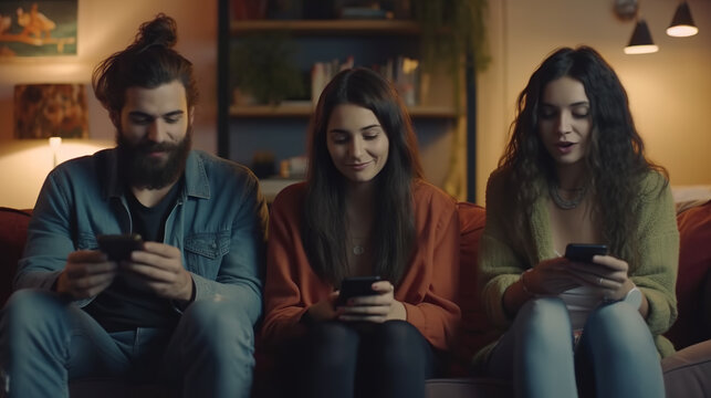 Two young women and a man sitting on a sofa in an apartment are playing each in their smartphone, completely generated by Ai