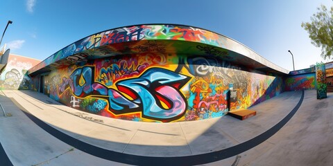 A skate park adorned with vibrant murals, fusing urban sports and street art in a dynamic public space, concept of Community engagement, created with Generative AI technology Generative AI