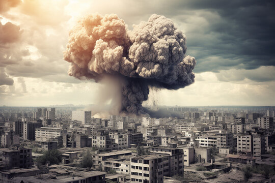 Nuclear bomb explosion in a major city, nuclear war, fully generated by Ai