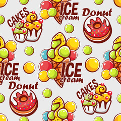 Vector pattern with sweets. Waffles, cupcakes, ice cream, cake.