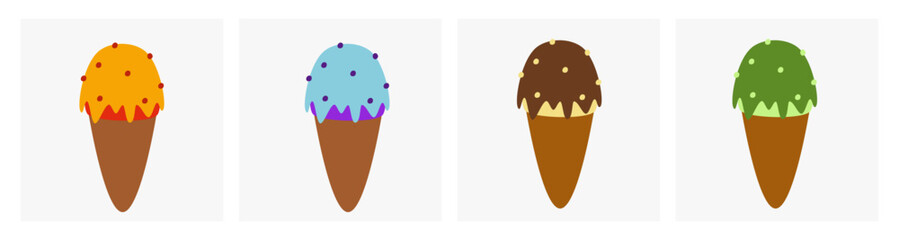 set of ice cream with various flavors in cone. summer or food and beverage design theme. tropical fruit, bubble gum, chocolate, and green tea flavor ice cream clip arts.