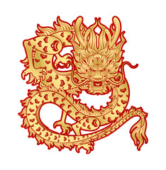 Traditional chinese dragon red gold zodiac sign. China lunar calendar animal happy new year. For card design print media or festival. File PNG illustration.