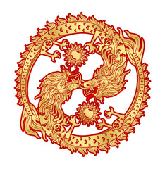 Traditional chinese dragon red gold zodiac sign yin yang. China lunar calendar animal happy new year. For card design print media or festival. File PNG illustration.