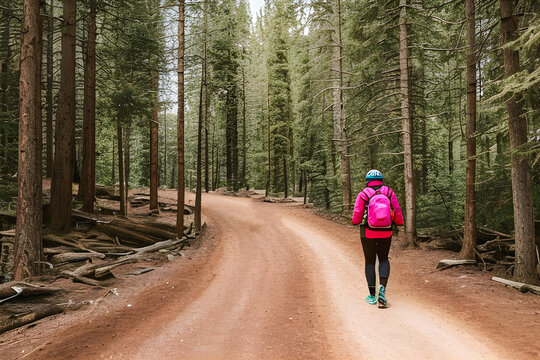 a man in warm color sportswear walks along a forest path. generative AI