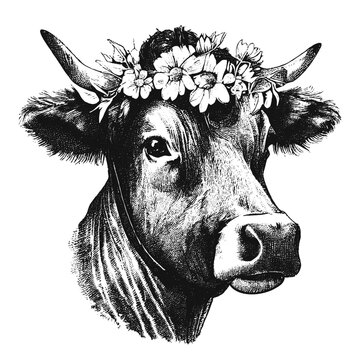 cow wearing a flower wreath illustration