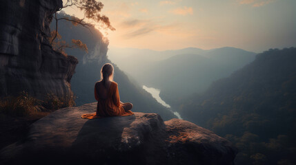 Naklejka na ściany i meble Woman meditating in the mountains. Generative AI