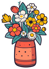 flowers and leaves in pot, retro botanical floral art. For sticker, shirt printing